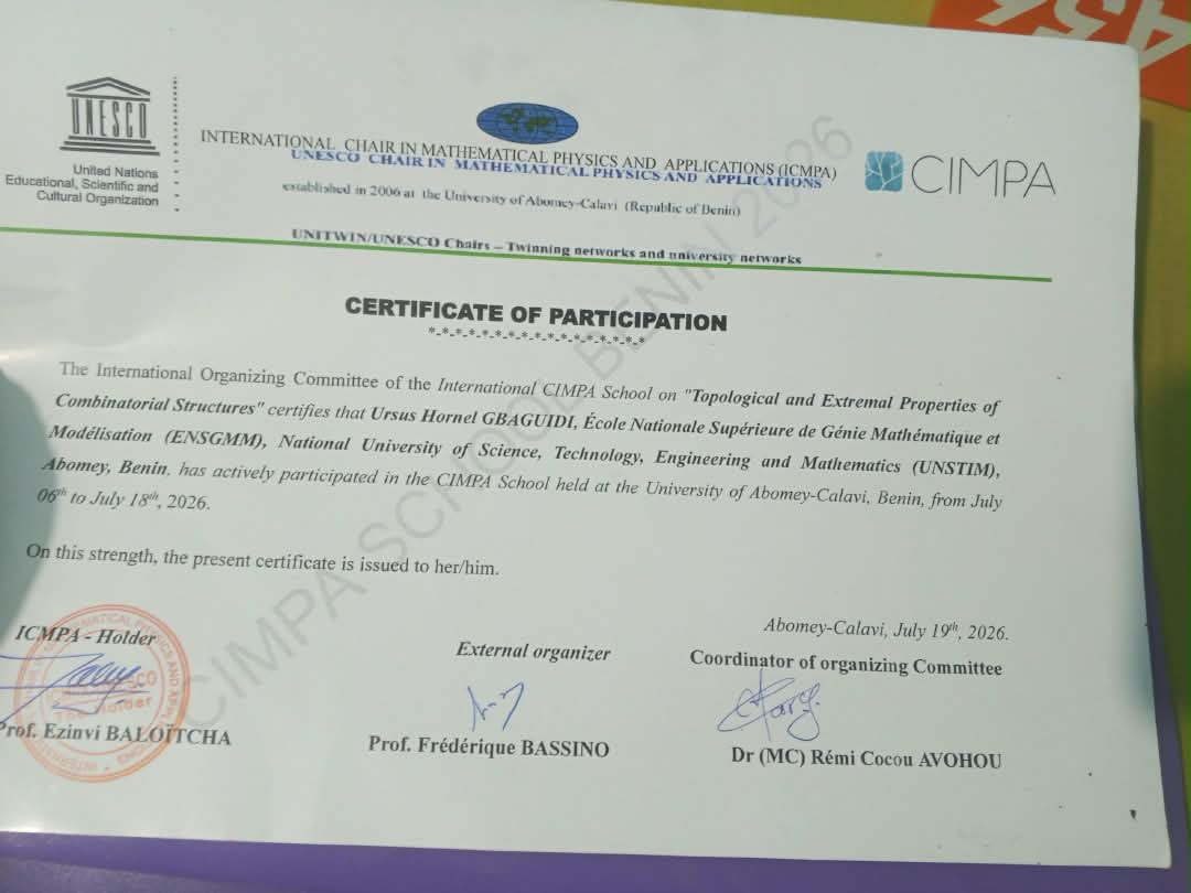 Certificat CIMPA School, chaire UNESCO ICMPA, 2026