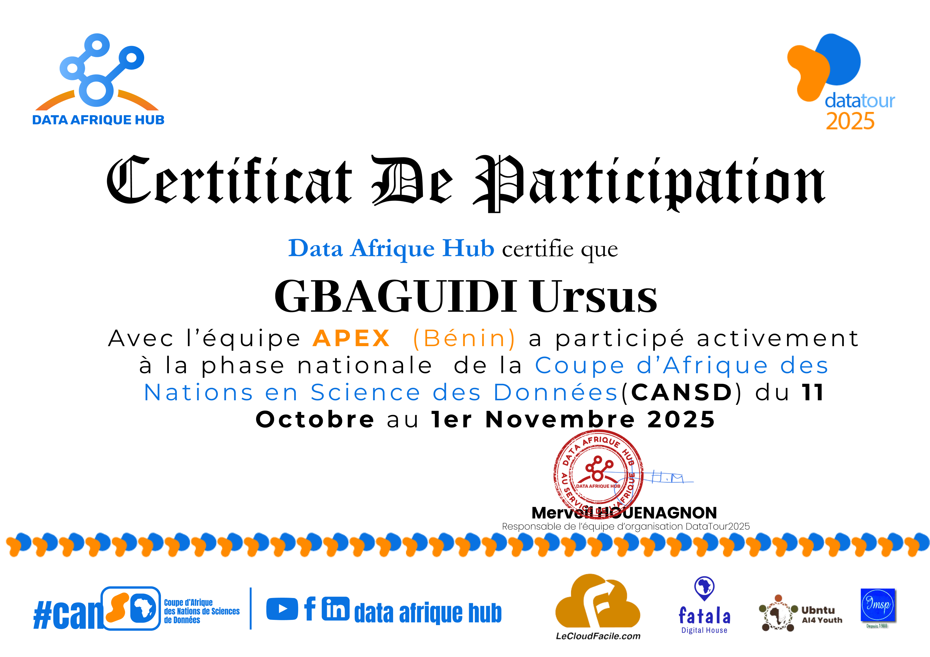 Certificat de participation DataTour 2025, phase nationale de la CANSD, équipe APEX