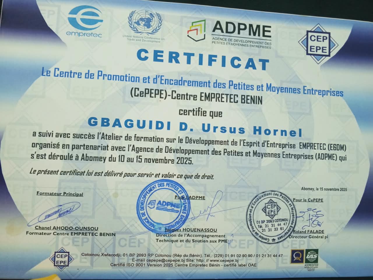 Certificat EMPRETEC CePEPE ADPME, 2025