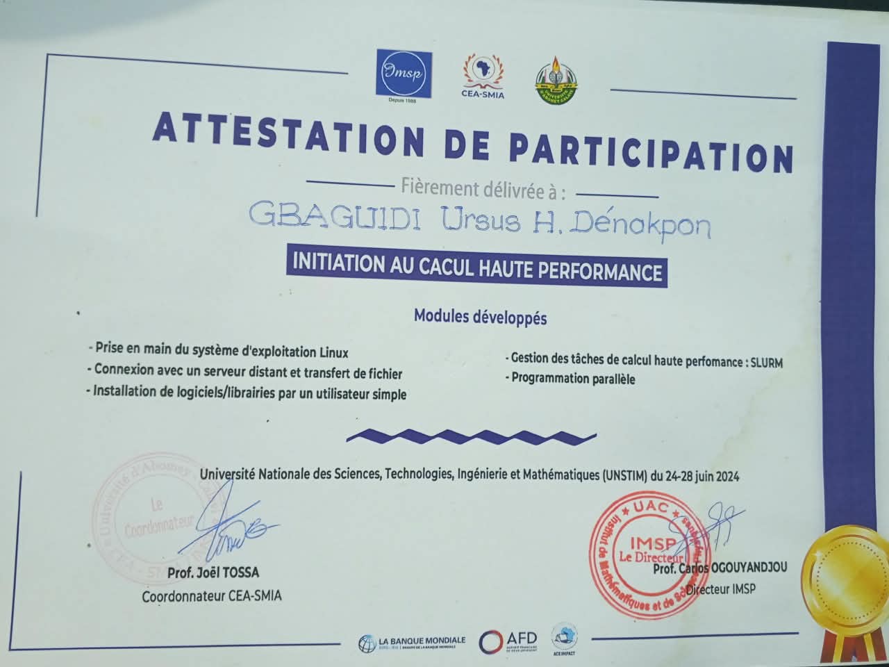 Attestation Initiation au Calcul Haute Performance, CEA-SMIA, 2024