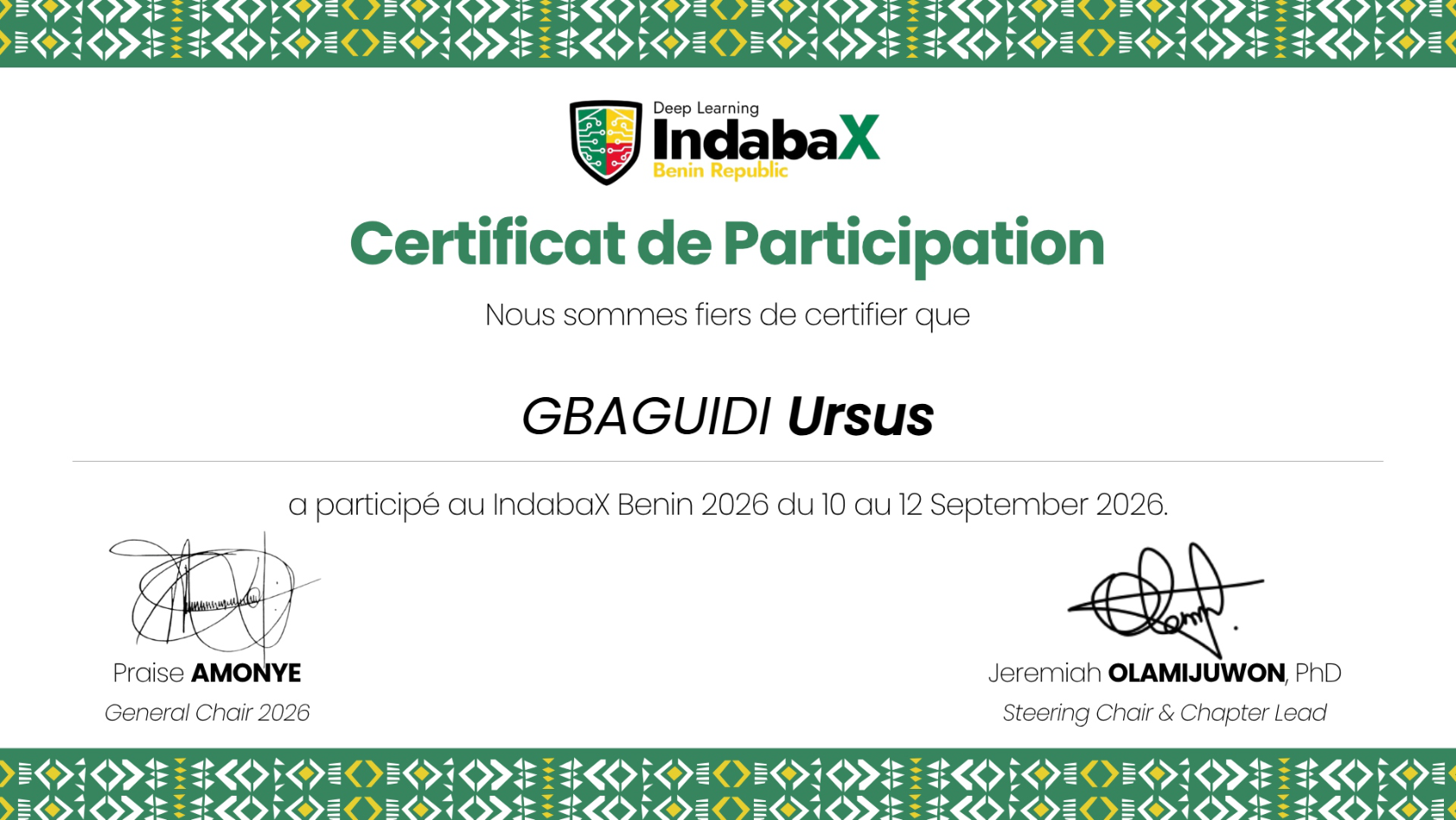 Certificat de participation IndabaX Bénin 2026