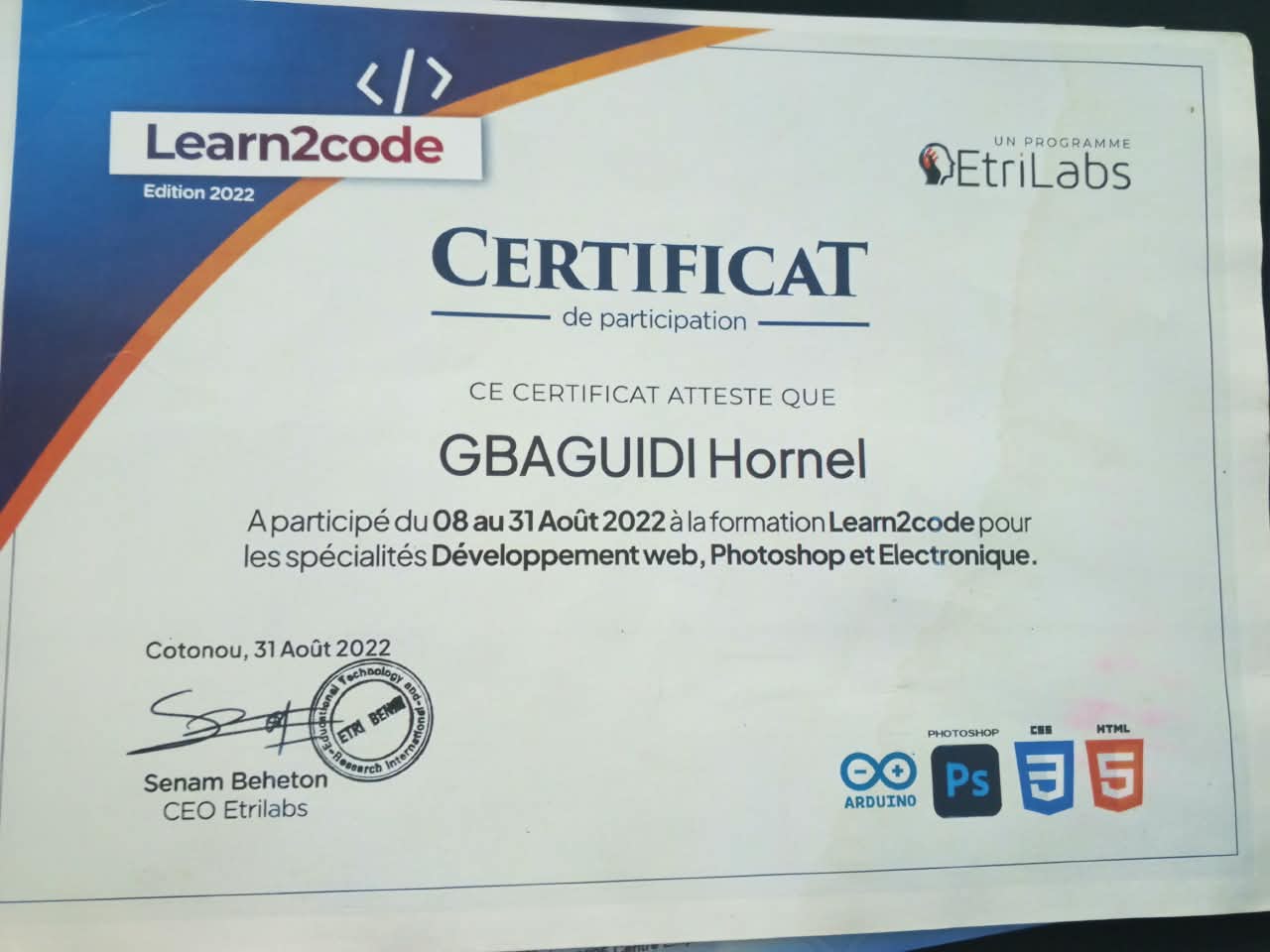 Certificat Learn2code EtriLabs 2022