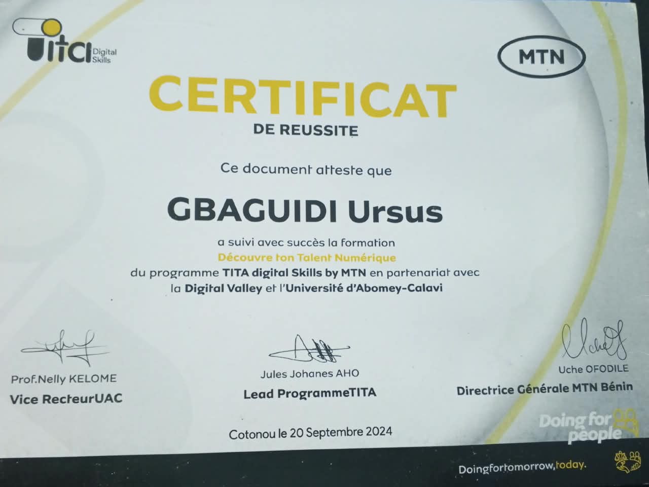 Certificat de réussite TITA Digital Skills by MTN, 2024