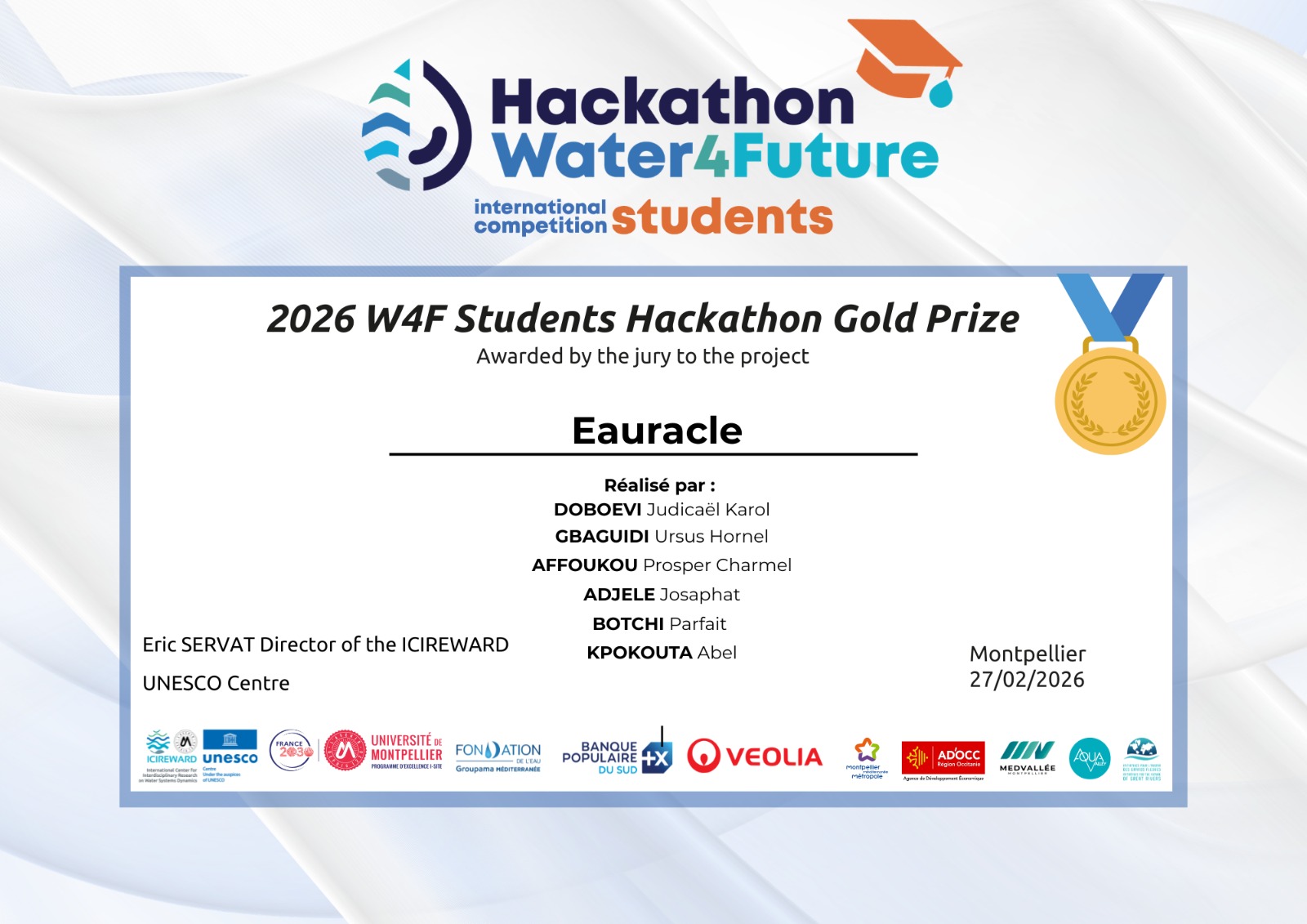 Gold Prize du Hackathon Water4Future 2026 décerné au projet Eauracle
