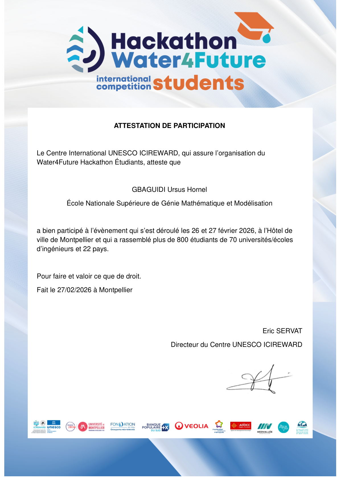 Attestation de participation au Water4Future Hackathon Étudiants 2026